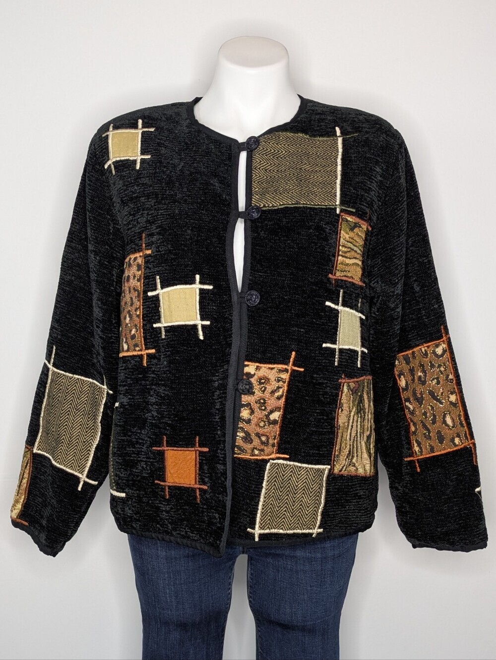 Vintage Allure Black Tan Abstract Embroidered Patch Chenille Jacket S